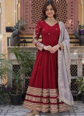 red color zari and sequin embroidered faux blooming georgette gown set 4