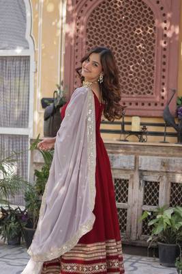 red color zari and sequin embroidered faux blooming georgette gown set 5