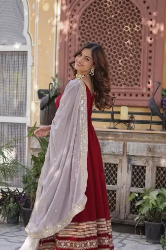 red color zari and sequin embroidered faux blooming georgette gown set
