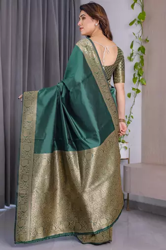 Green elegant zari woven banarasi silk sarees with attached blouse