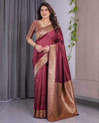 Maroon elegant zari woven banarasi silk sarees with attached blouse 1