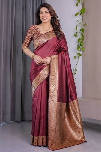 Maroon elegant zari woven banarasi silk sarees with attached blouse