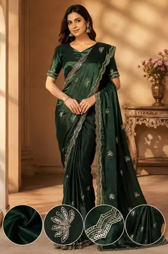 Party Wear Sequence And Buti Work Chinon Silk Saree With Embroidery Unstitched Blouse Piece