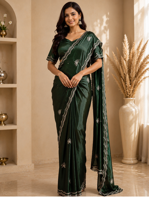 Party Wear Sequence And Buti Work Chinon Silk Saree With Embroidery Unstitched Blouse Piece 3