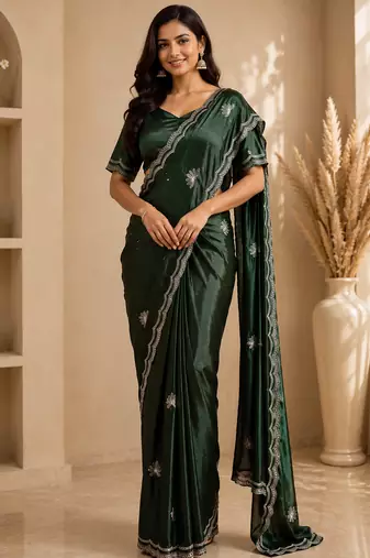Party Wear Sequence And Buti Work Chinon Silk Saree With Embroidery Unstitched Blouse Piece