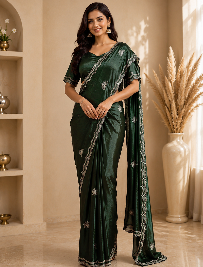 Party Wear Sequence And Buti Work Chinon Silk Saree With Embroidery Unstitched Blouse Piece