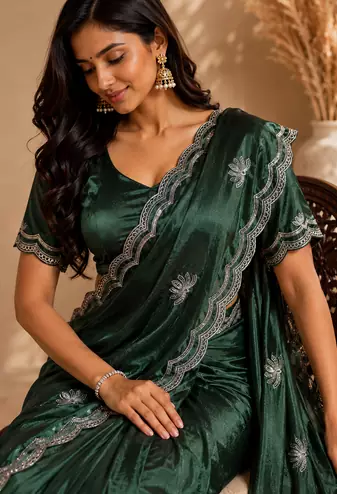 Party Wear Sequence And Buti Work Chinon Silk Saree With Embroidery Unstitched Blouse Piece