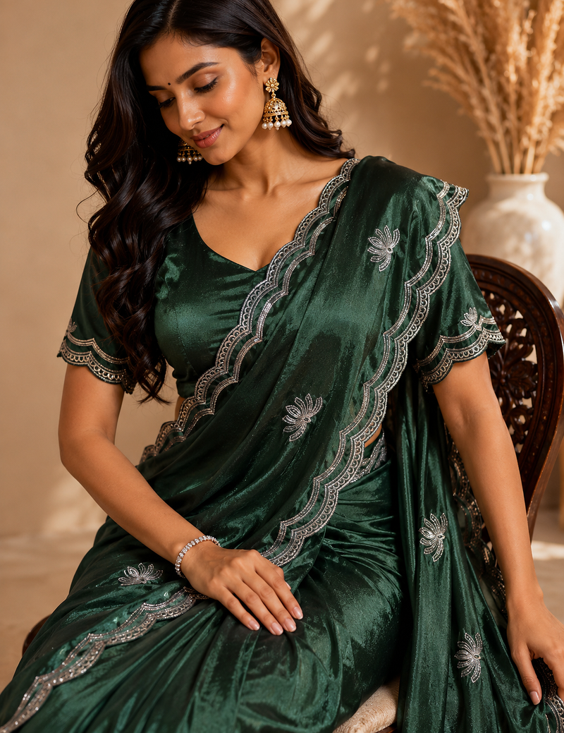 Party Wear Sequence And Buti Work Chinon Silk Saree With Embroidery Unstitched Blouse Piece