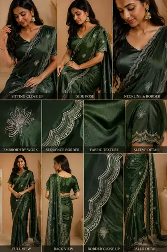 Party Wear Sequence And Buti Work Chinon Silk Saree With Embroidery Unstitched Blouse Piece