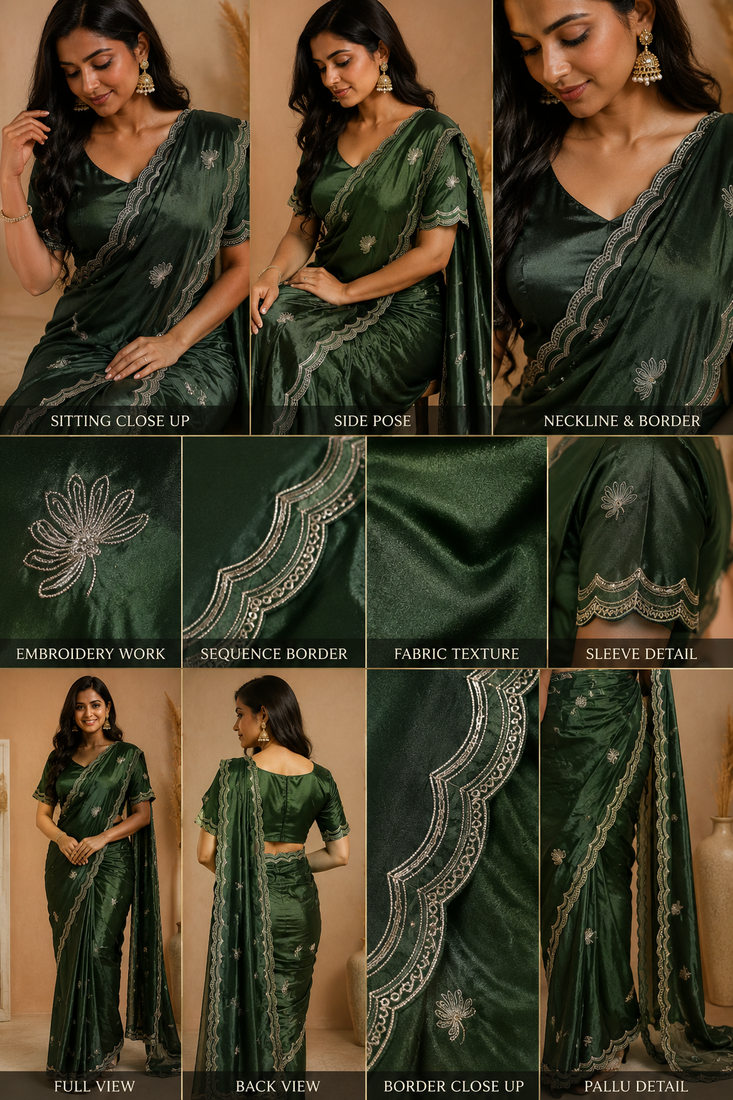 Party Wear Sequence And Buti Work Chinon Silk Saree With Embroidery Unstitched Blouse Piece