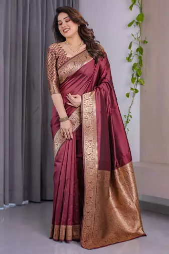 Maroon elegant zari woven banarasi silk sarees with attached blouse