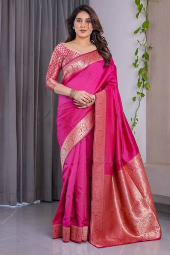Pink elegant zari woven banarasi silk sarees with attached blouse