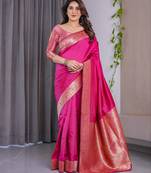 Pink elegant zari woven banarasi silk sarees with attached blouse