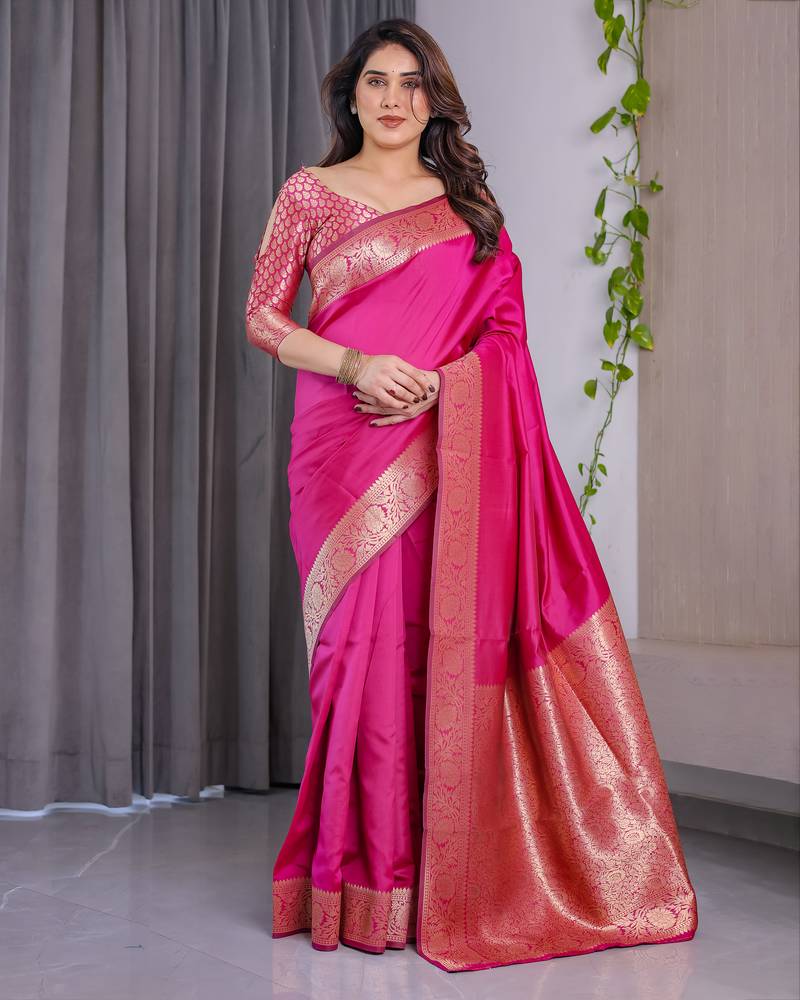 Pink elegant zari woven banarasi silk sarees with attached blouse