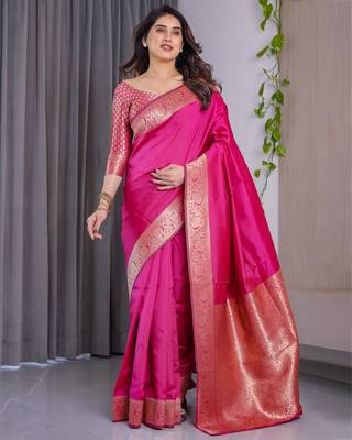 Pink elegant zari woven banarasi silk sarees with attached blouse 2