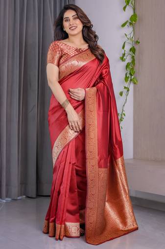Red elegant zari woven banarasi silk sarees with attached blouse