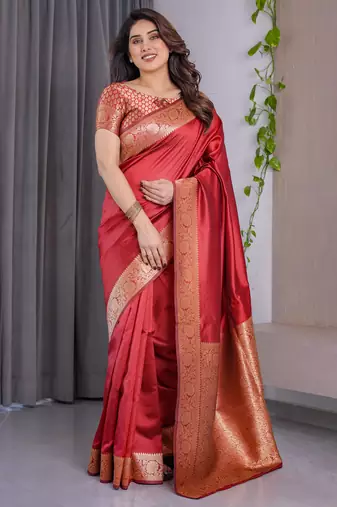 Red elegant zari woven banarasi silk sarees with attached blouse