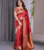 Red elegant zari woven banarasi silk sarees with attached blouse