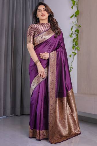 Wine elegant zari woven banarasi silk sarees with attached blouse