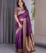 Wine elegant zari woven banarasi silk sarees with attached blouse