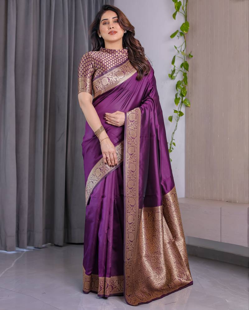 Wine elegant zari woven banarasi silk sarees with attached blouse
