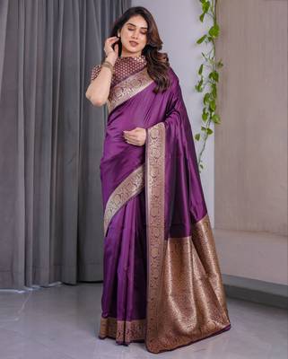 Wine elegant zari woven banarasi silk sarees with attached blouse 2