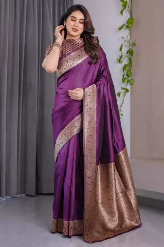Wine elegant zari woven banarasi silk sarees with attached blouse
