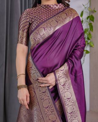 Wine elegant zari woven banarasi silk sarees with attached blouse 5