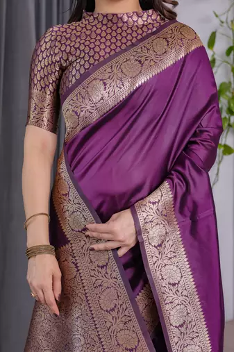 Wine elegant zari woven banarasi silk sarees with attached blouse