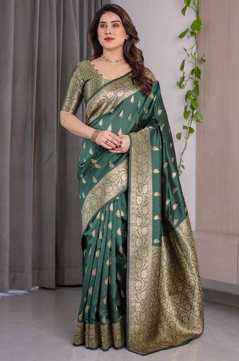 Green elegant zari woven banarasi silk sarees with attached blouse