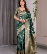 Green elegant zari woven banarasi silk sarees with attached blouse