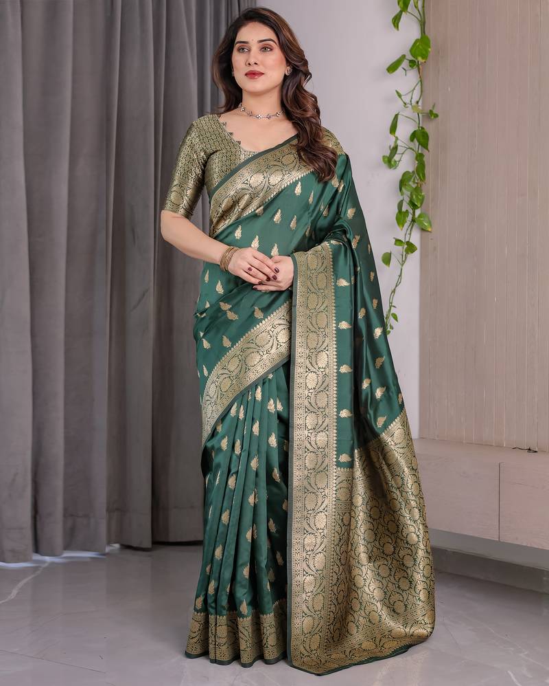 Green elegant zari woven banarasi silk sarees with attached blouse