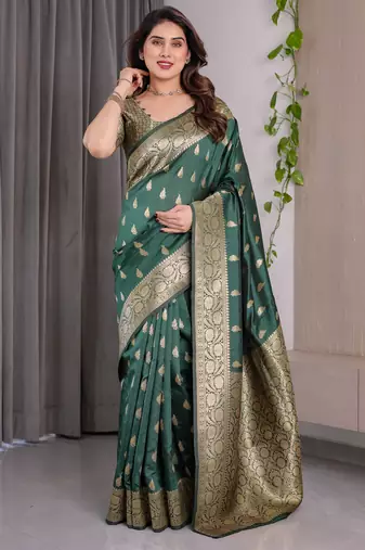 Green elegant zari woven banarasi silk sarees with attached blouse
