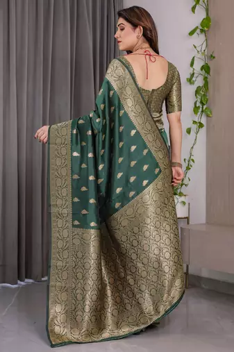 Green elegant zari woven banarasi silk sarees with attached blouse