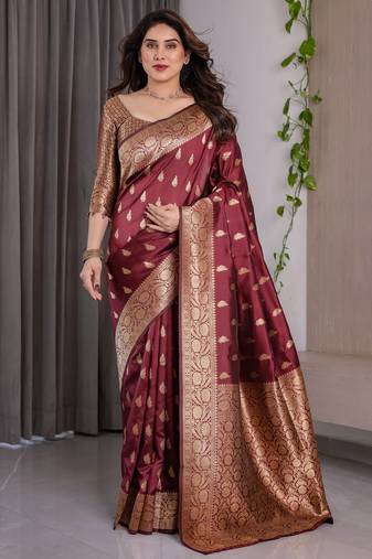 Maroon elegant zari woven banarasi silk sarees with attached blouse