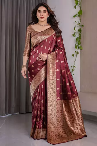 Maroon elegant zari woven banarasi silk sarees with attached blouse