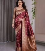 Maroon elegant zari woven banarasi silk sarees with attached blouse