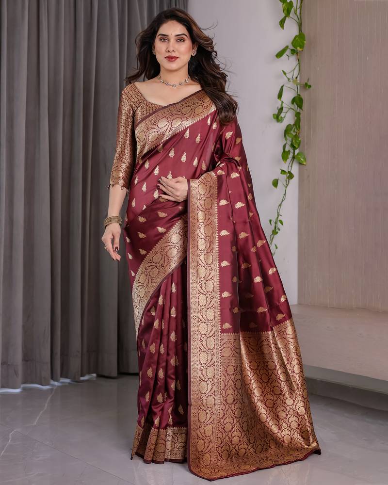 Maroon elegant zari woven banarasi silk sarees with attached blouse