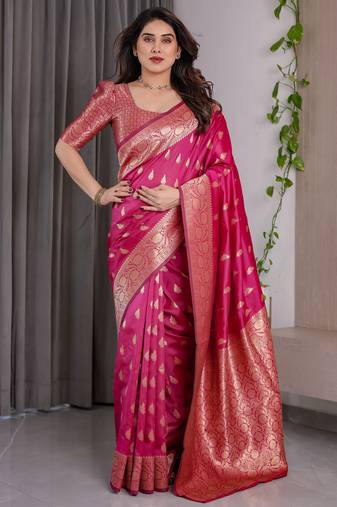 Pink elegant zari woven banarasi silk sarees with attached blouse