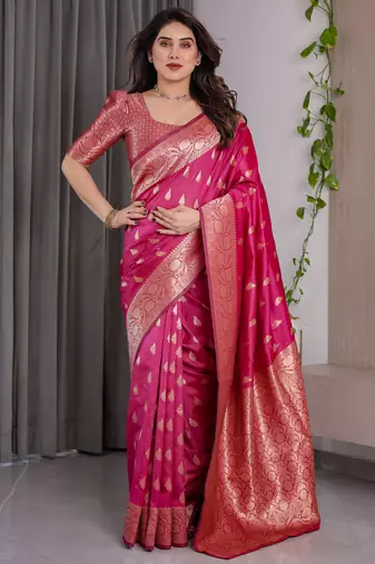 Pink elegant zari woven banarasi silk sarees with attached blouse