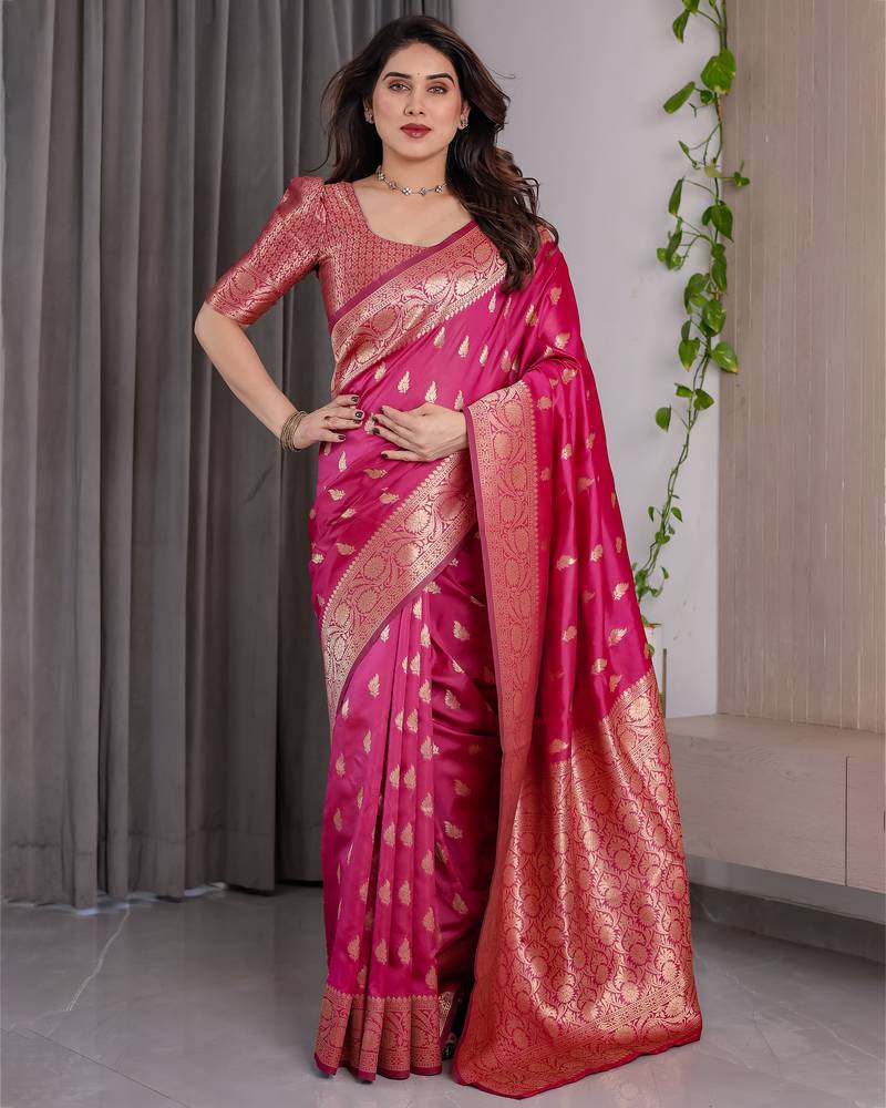 Pink elegant zari woven banarasi silk sarees with attached blouse