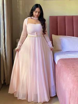 baby pink color fancy lace border faux georgette 1