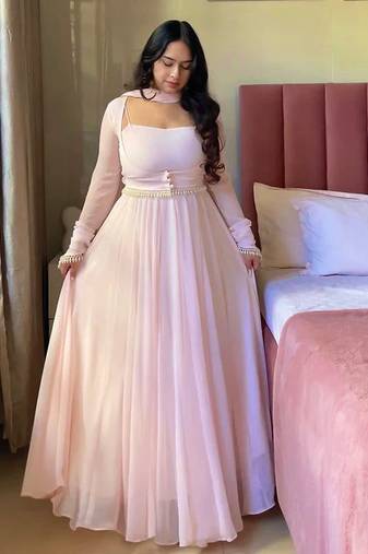 baby pink color fancy lace border faux georgette