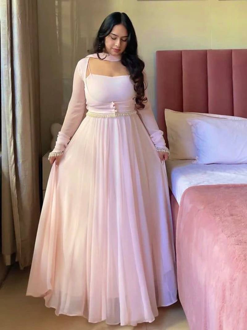baby pink color fancy lace border faux georgette