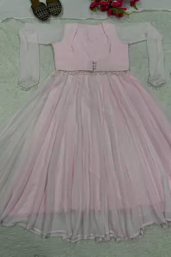 baby pink color fancy lace border faux georgette