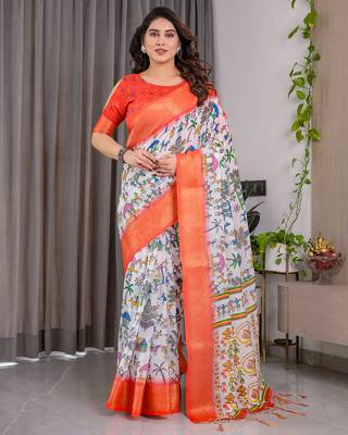 Pure handloom linen floral printed saree with blouse 1