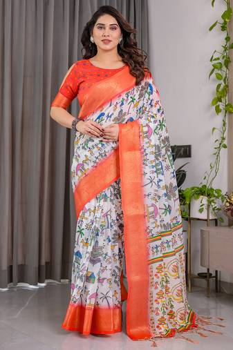 Pure handloom linen floral printed saree with blouse