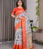 Pure handloom linen floral printed saree with blouse