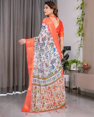 Pure handloom linen floral printed saree with blouse 3