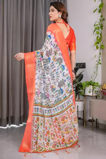 Pure handloom linen floral printed saree with blouse